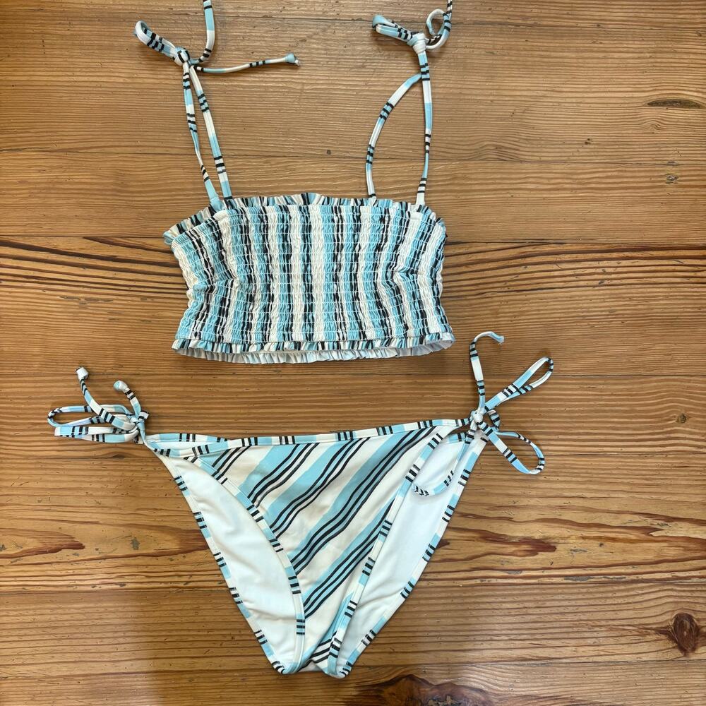 H&M blue black white striped smocked tie top bikini swimsuit SIZE‎ M